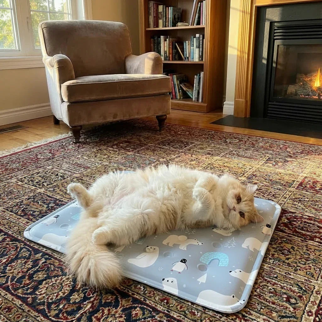 gato relaxando em tapete gelado para gatos confortável