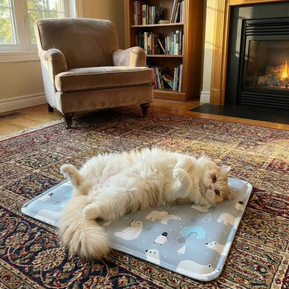 gato relaxando em tapete gelado para gatos confortável