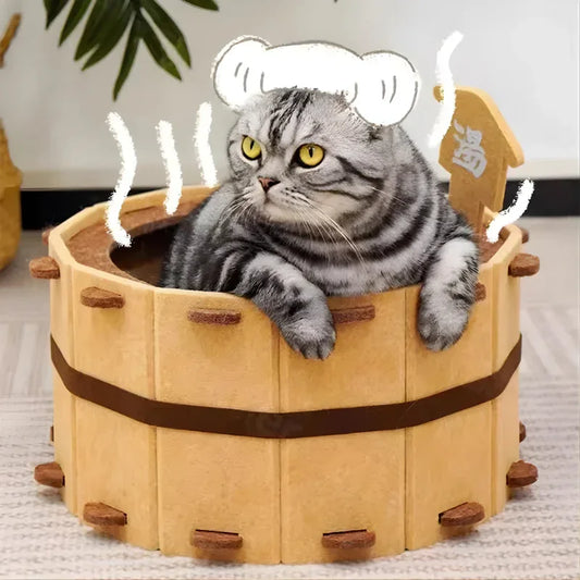 Gato cinza listrado deitado dentro da cama para gatos japonesa 