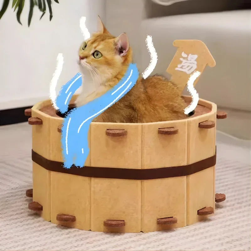 Gato amarelo deitado dentro da cama para gatos banheira japonesa