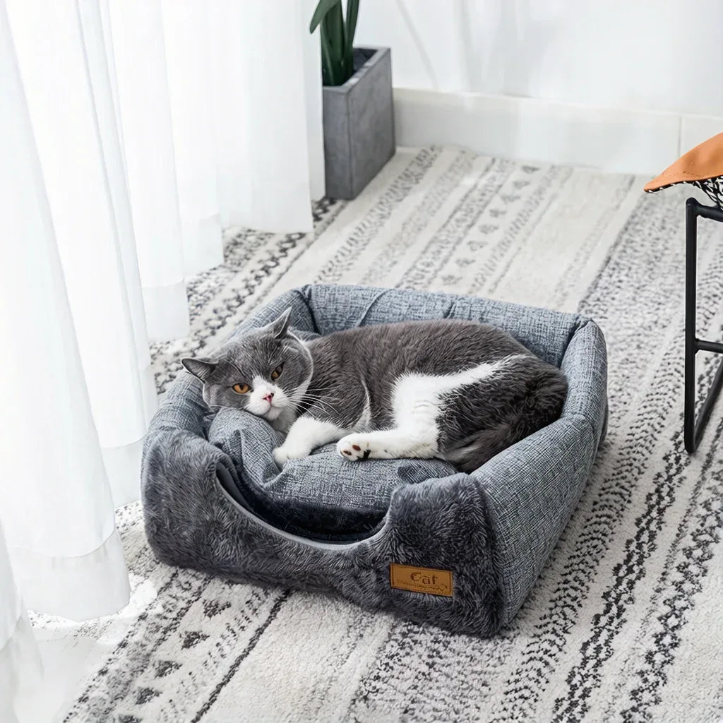 Gato deitado na cama para gato refúgio urbano macio e confortável 