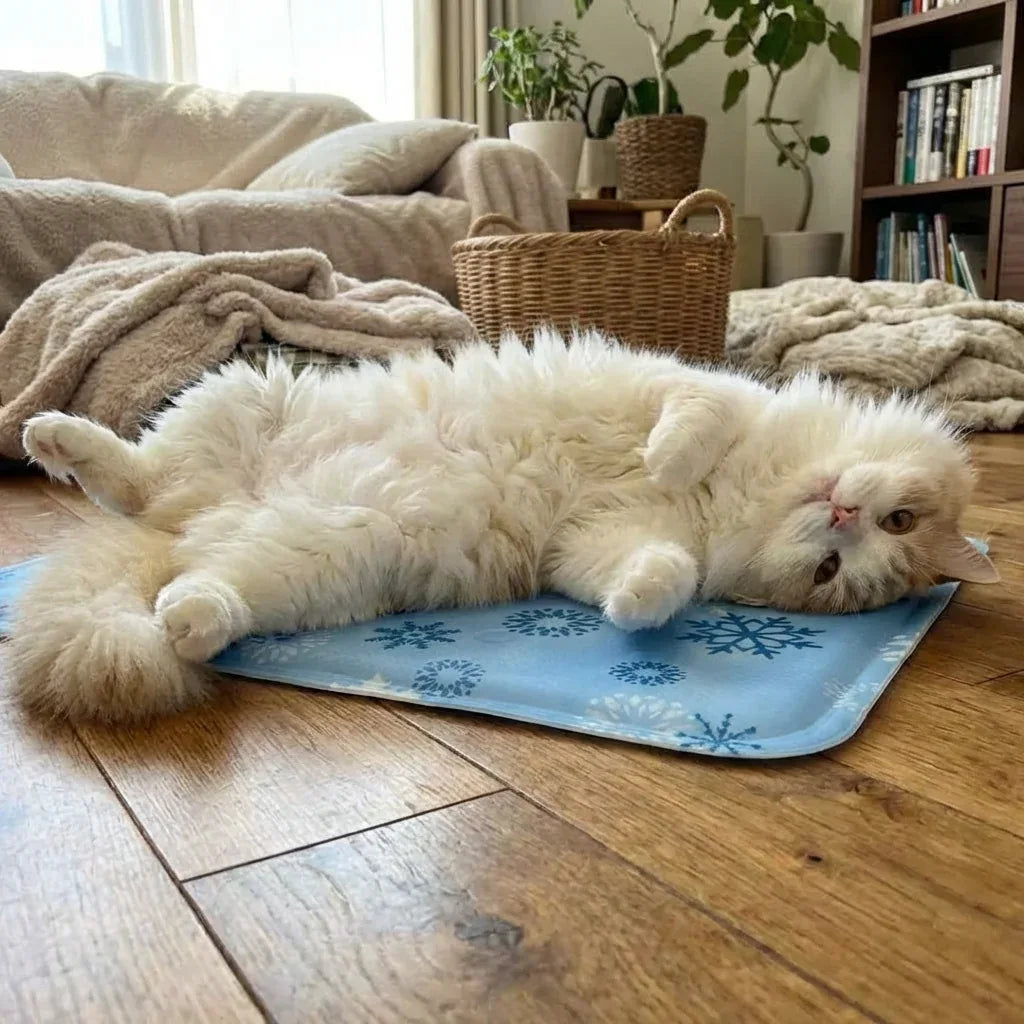 tapete gelado para gatos em uso no chão durante dia quente