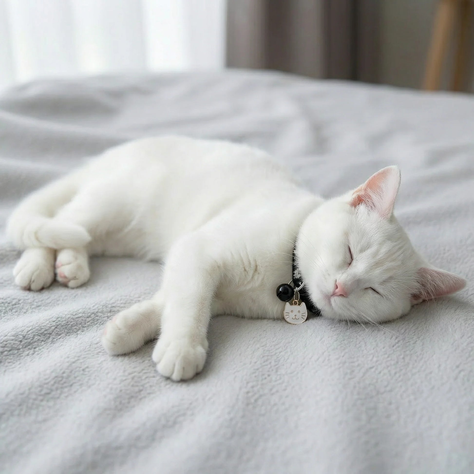 Gato branco deitado com coleira confortável e leve no pescoço