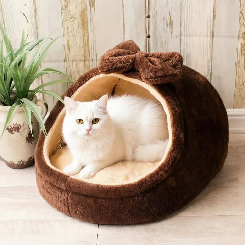 Gato dentro da cama para gatos grandes com lacinho marrom