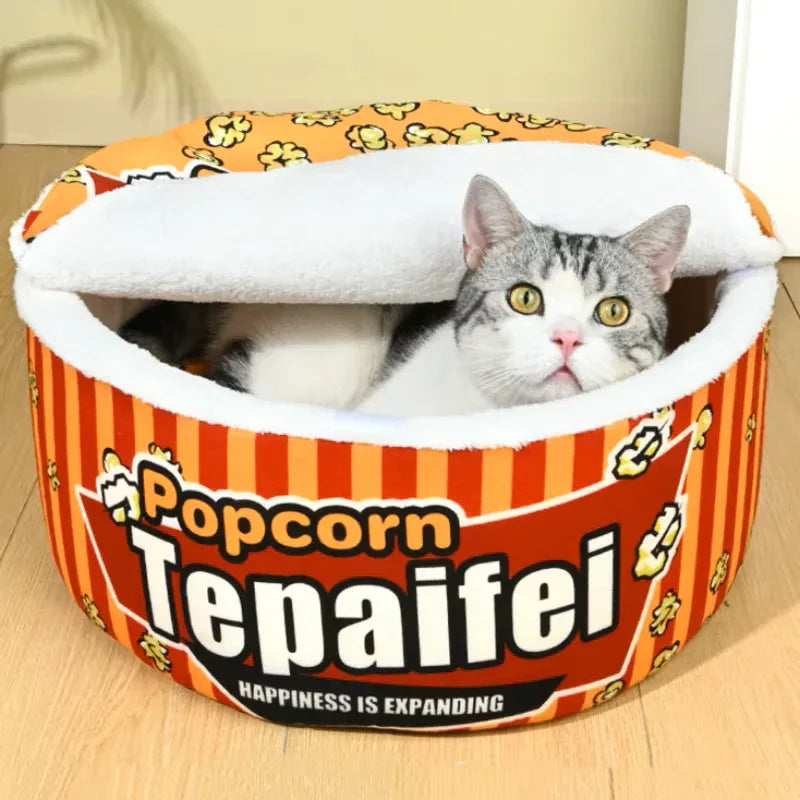 Cama para gato com tampa removível estilo balde de pipoca