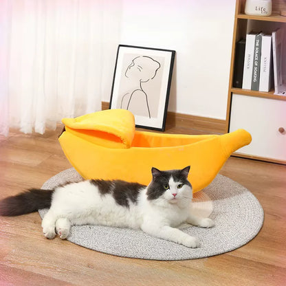 Gato ao lado da cama banana demonstrando tamanho e design divertido