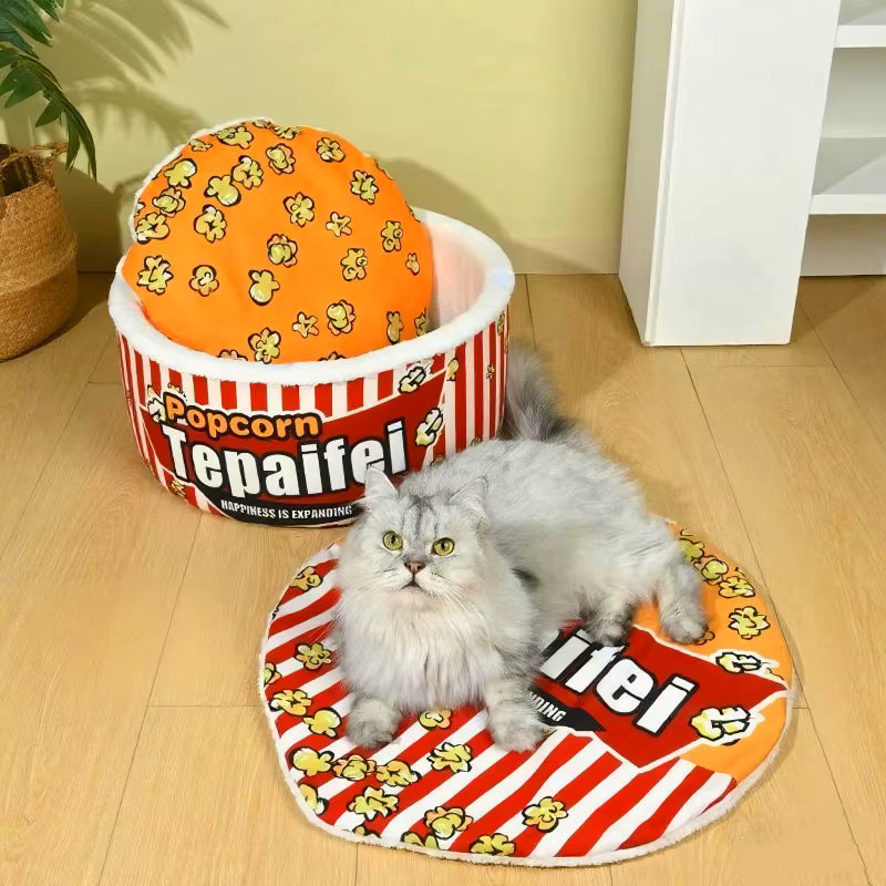 Cama para gato em formato de balde de pipoca com pelúcia amarela
