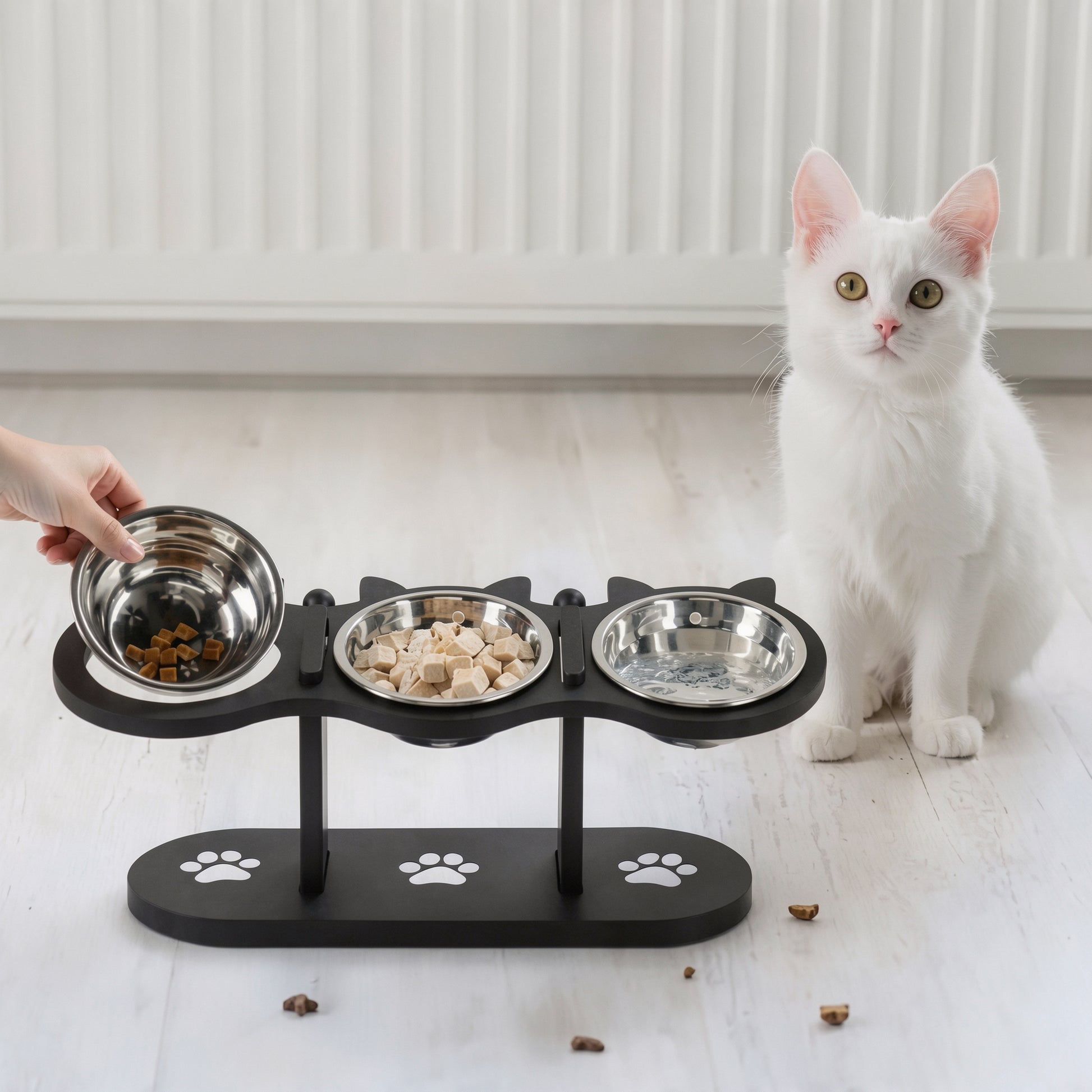 Gato ao lado de comedouro para gatos triplo elevado com ração e água