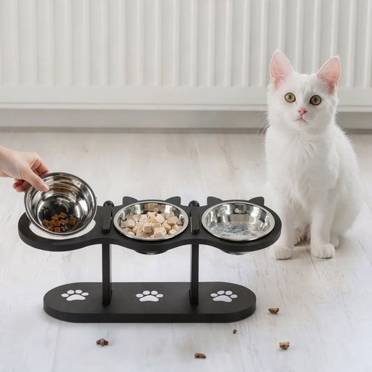 Gato ao lado de comedouro para gatos triplo elevado com ração e água
