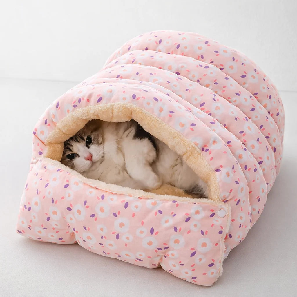 Gato encolhido dentro da cama para gatos 