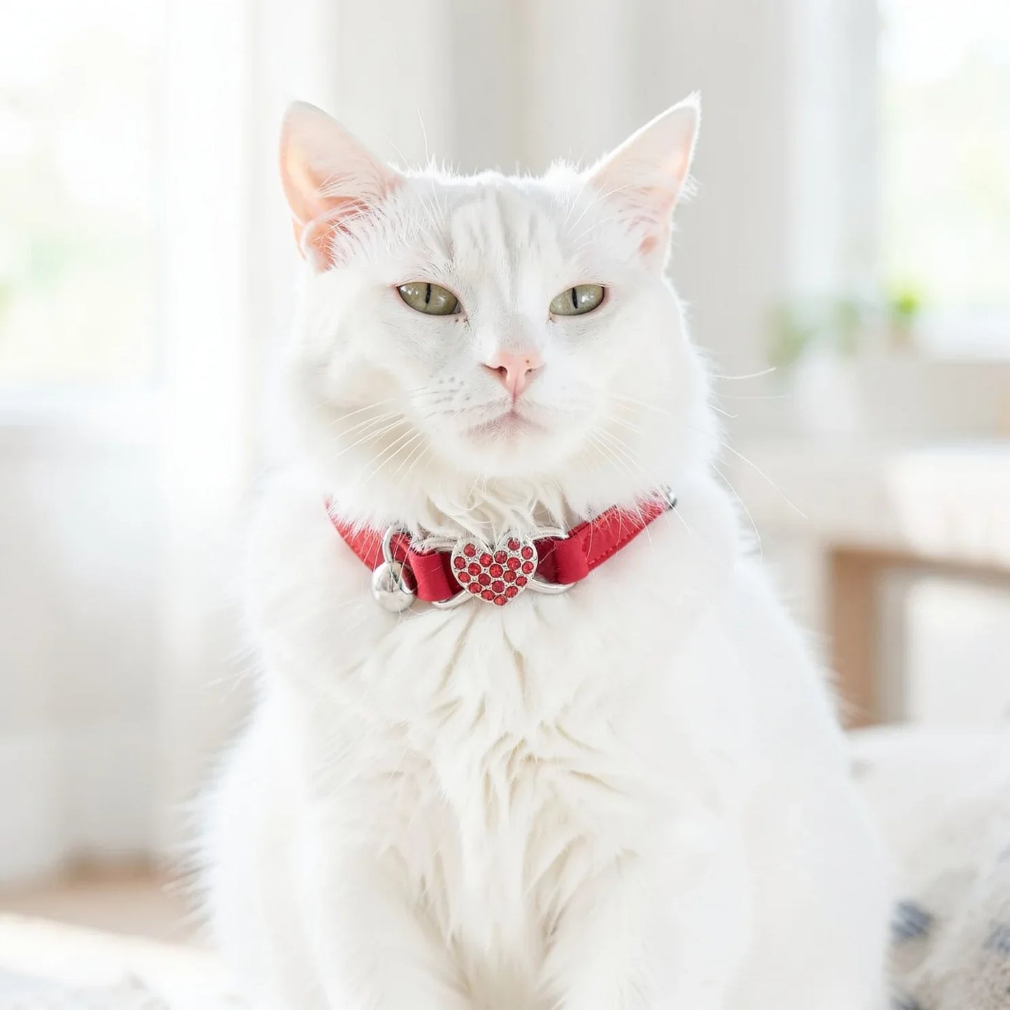 Coleira para gatos vermelha em gato branco com cara séria 