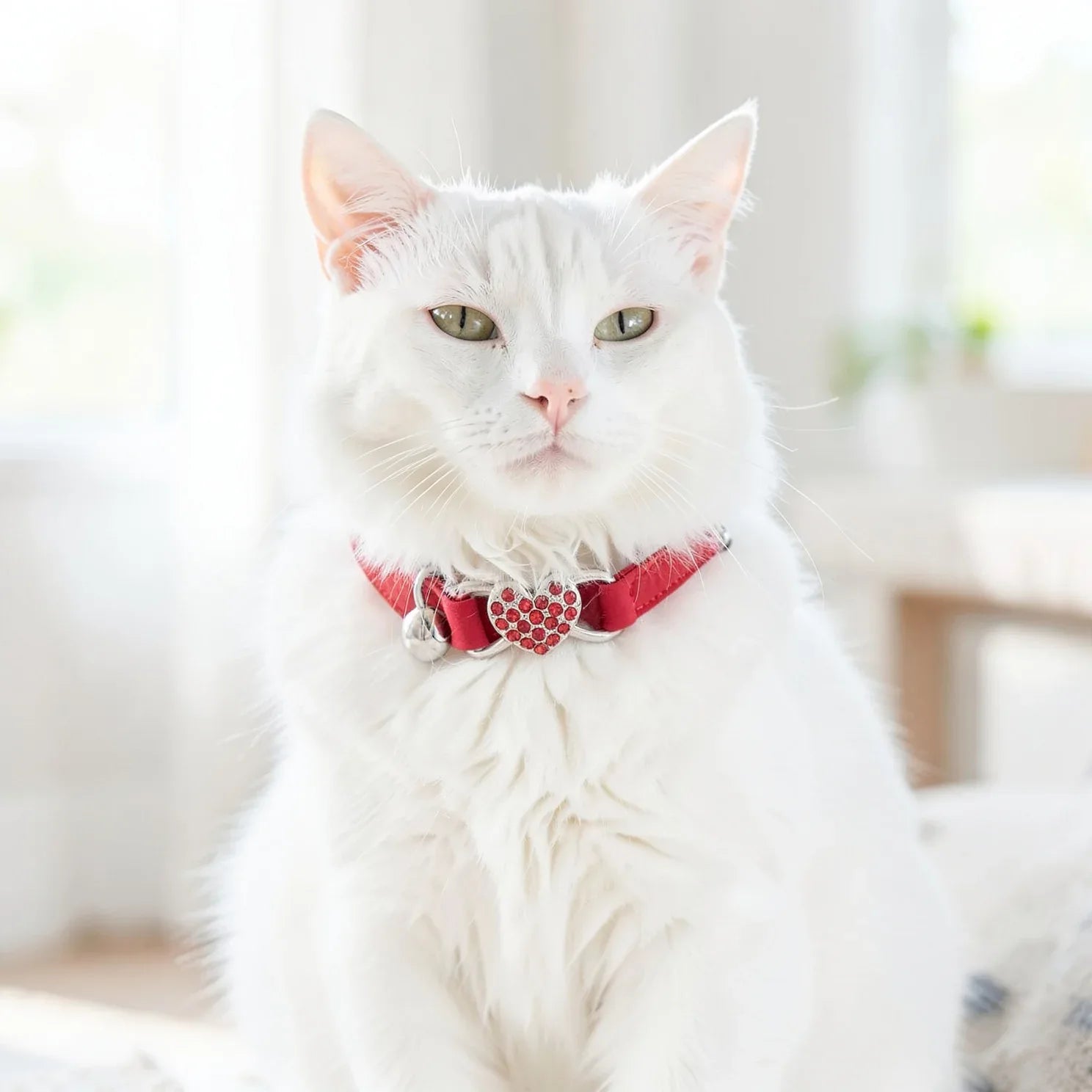 Coleira para gatos vermelha em gato branco com cara séria 