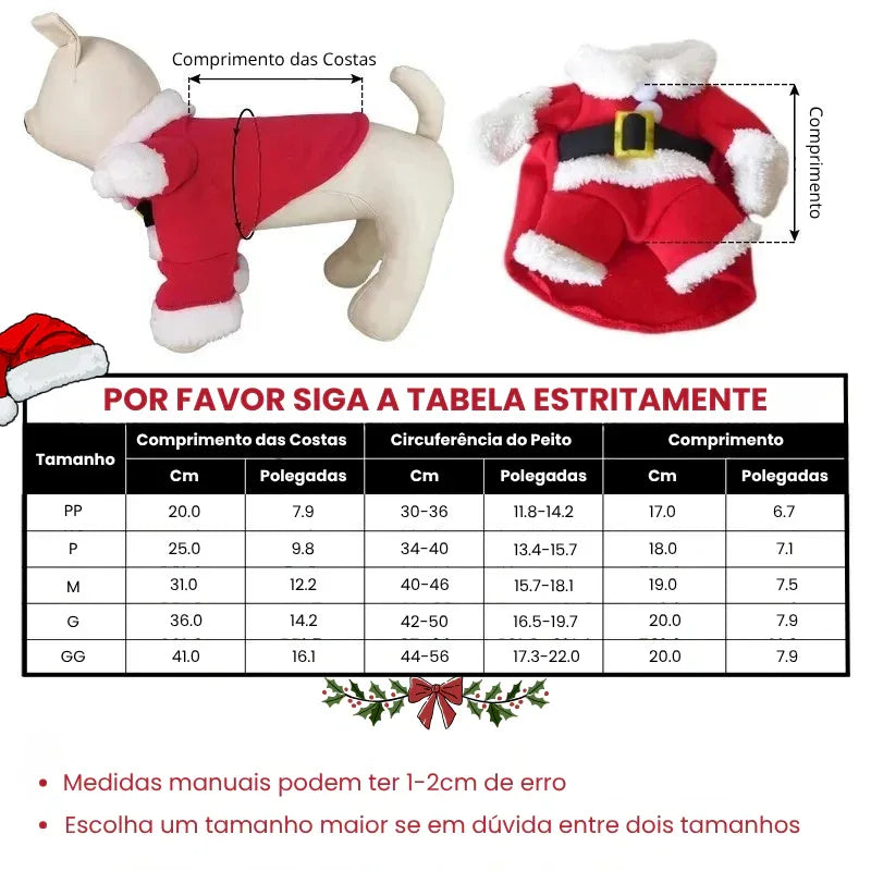 Guia de tamanho da fantasia para gatos papai noel