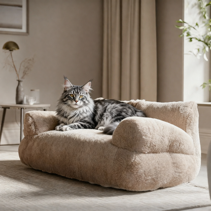 Sofá nuvem premium bege para gatos com gato deitado confortavelmente
