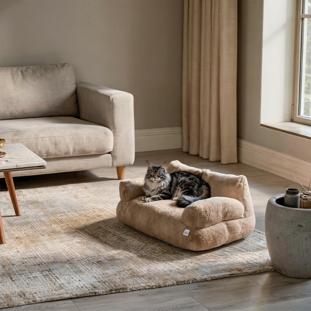 Sofá nuvem premium para gatos em sala elegante com decoração clean