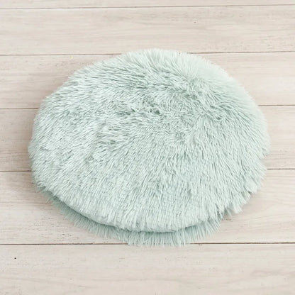Cama para gato verde claro tipo tapete felpudo redondo, macio e confortável